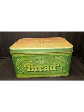 Vintage Green Retro Tin "Wheat Heart Bread" Box Kitchen Decor Storage